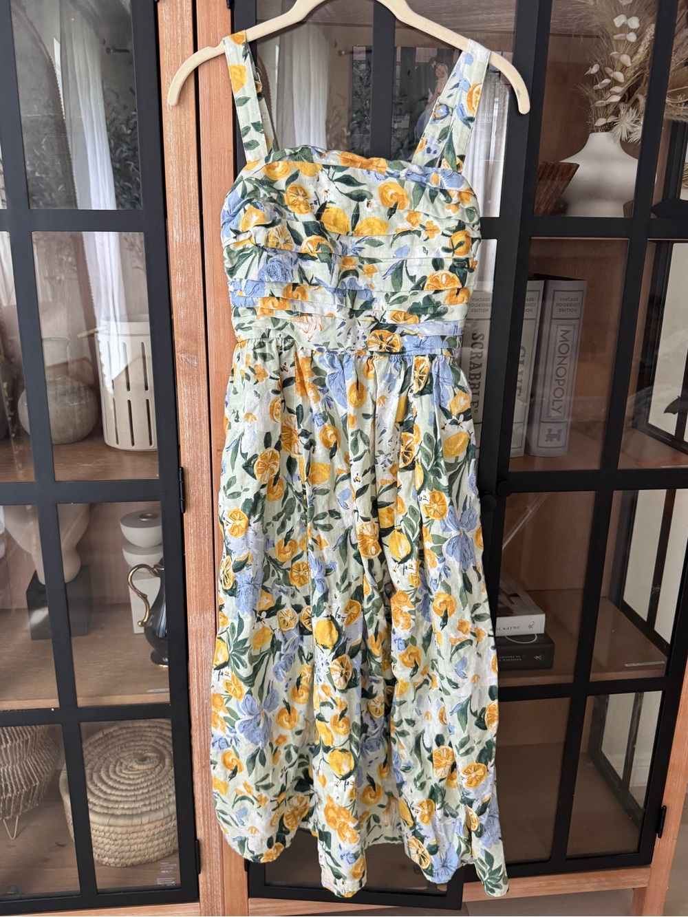 Abercrombie emerson midi dress linen lemons print petite a&f square neck pockets